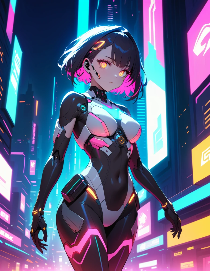 Cyborg futuristico con impianti al neon in città cyberpunk