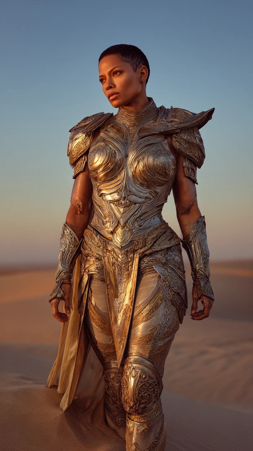 Armored female warrior posing in a glowing desert dusk