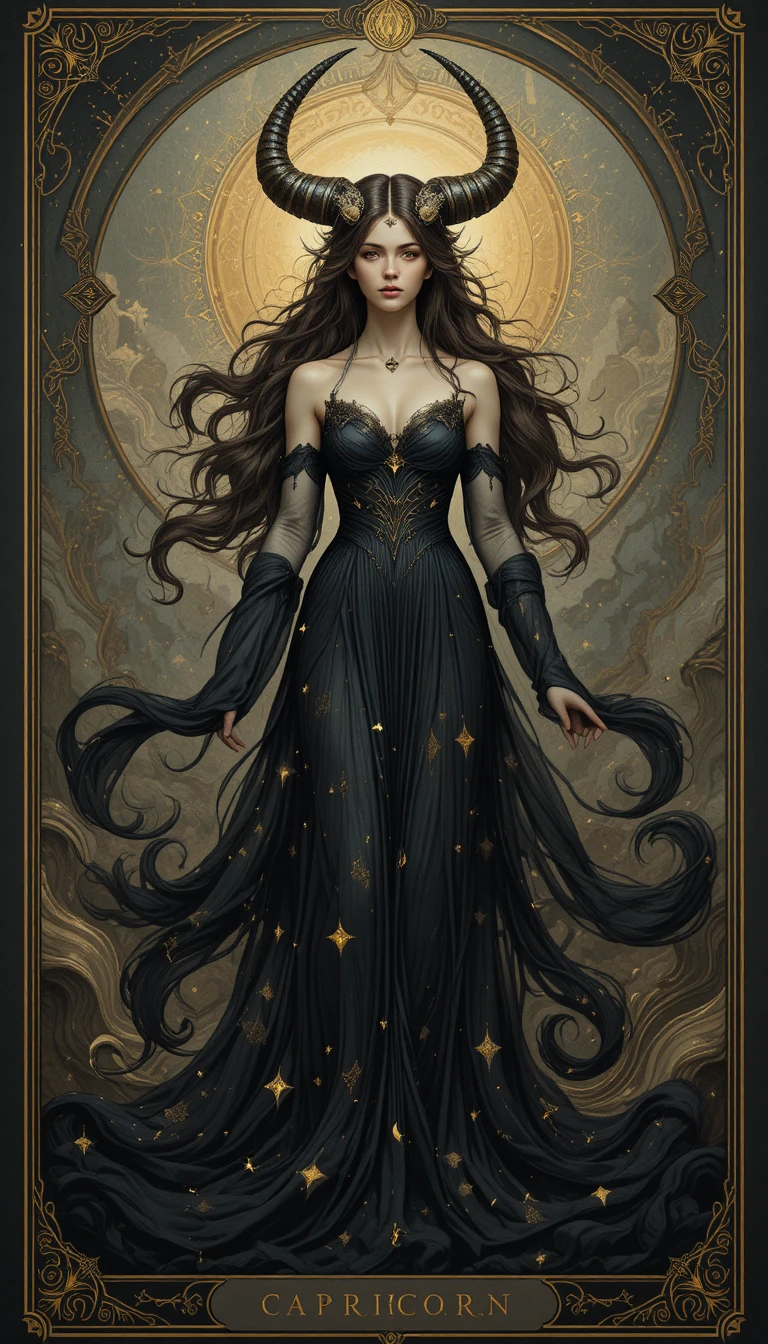Mystical Capricorn woman in black and gold tarot style