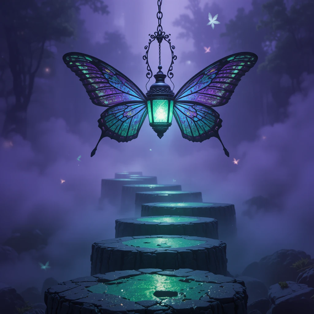 Lanterna vittoriana che illumina un sentiero nebbioso di pietre fluttuanti