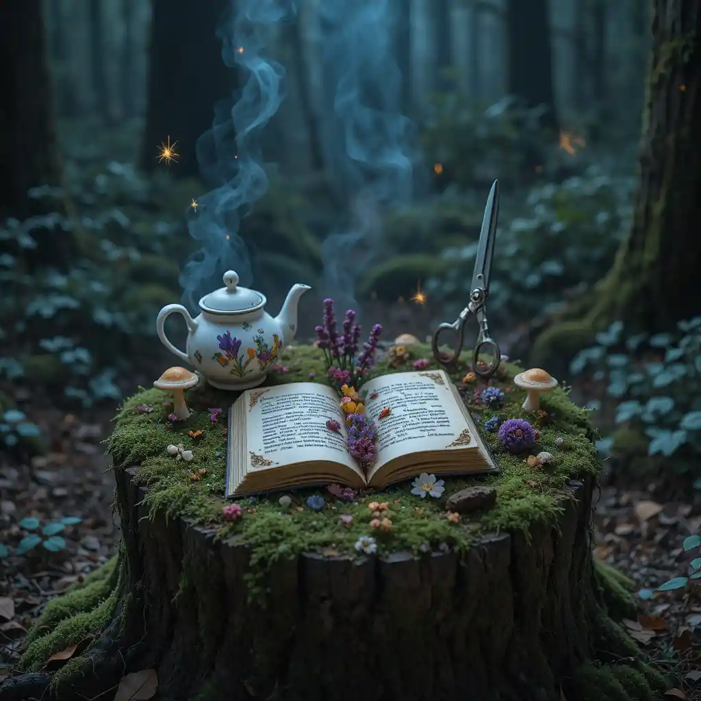 Forest altar with teapot, spellbook and glowing mushrooms