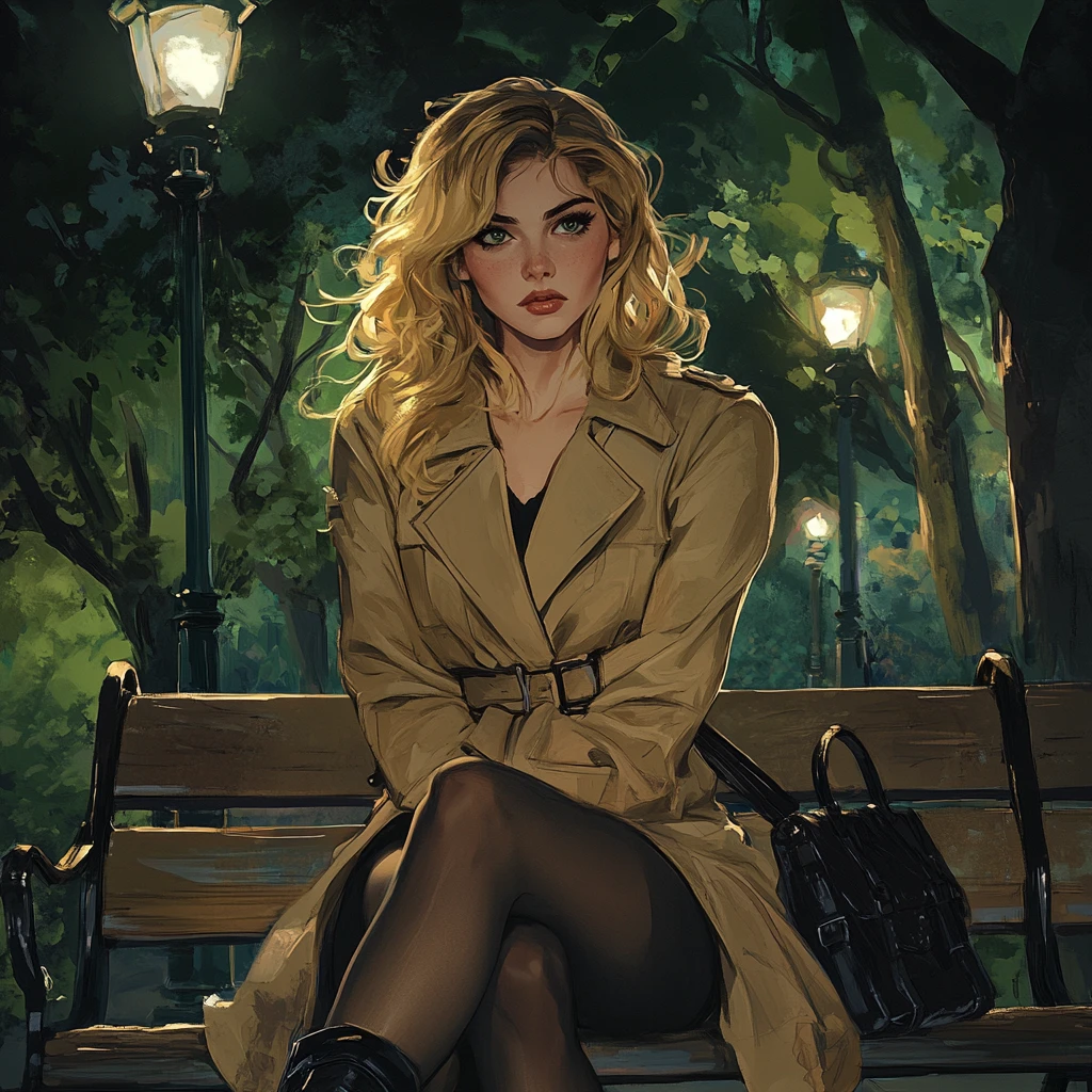 Anxious woman on a park bench under night streetlights