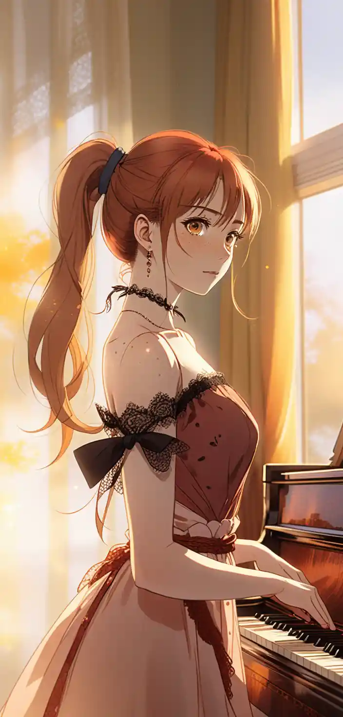 Chica de anime rubia junto al piano con cálida luz de atardecer