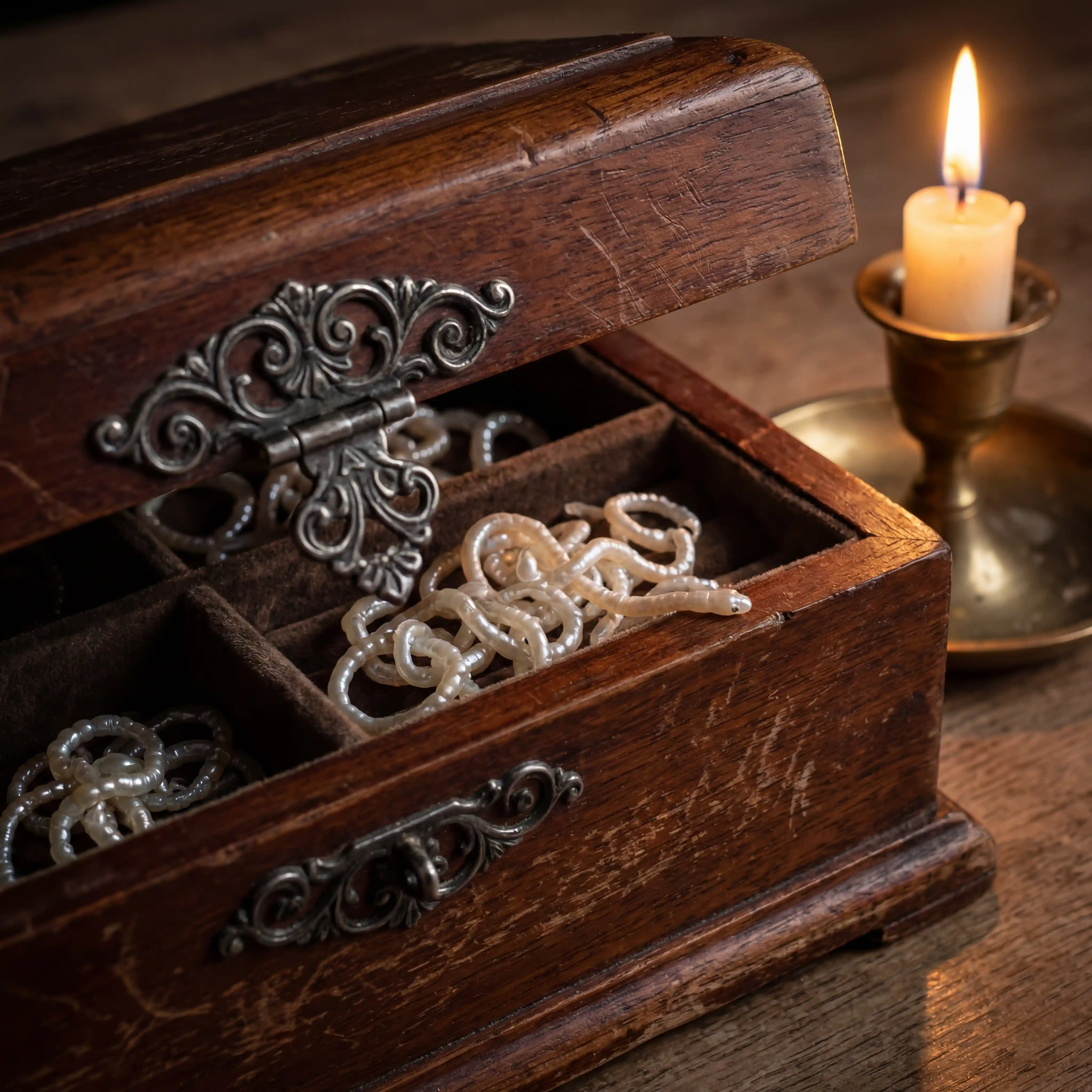 Mahogany jewelry box of pearl serpents under candle glow