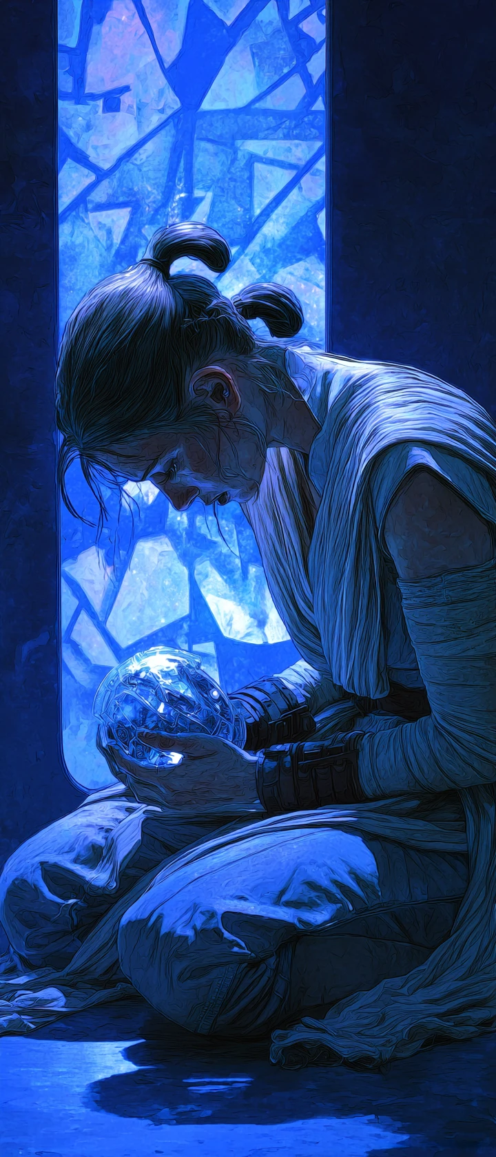 Crying Padawan Cradling Broken Blue Crystal In Dark Chamber