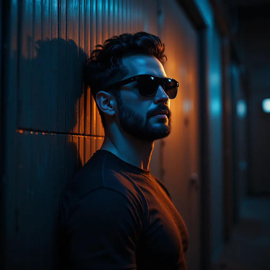 Cinematic portrait of a stylish man in colored light