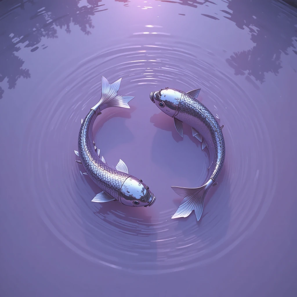 Metal koi circling in a glowing lavender infinity pond