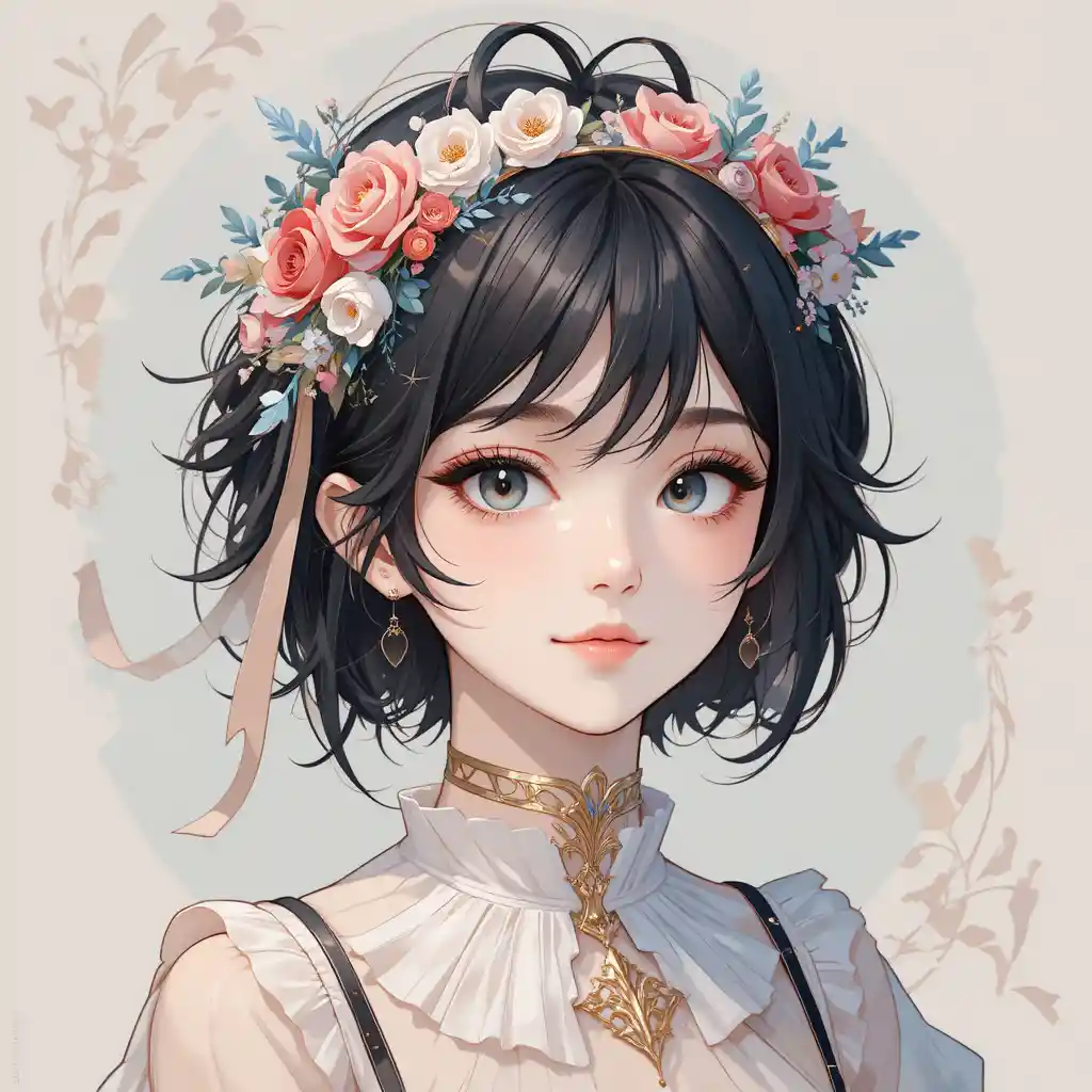 花朵髮帶溫柔微笑的動漫少女肖像