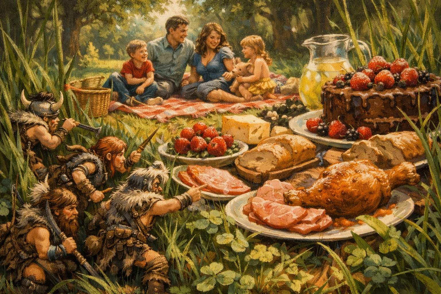 Tiny barbarians hiding in grass beside a family picnic