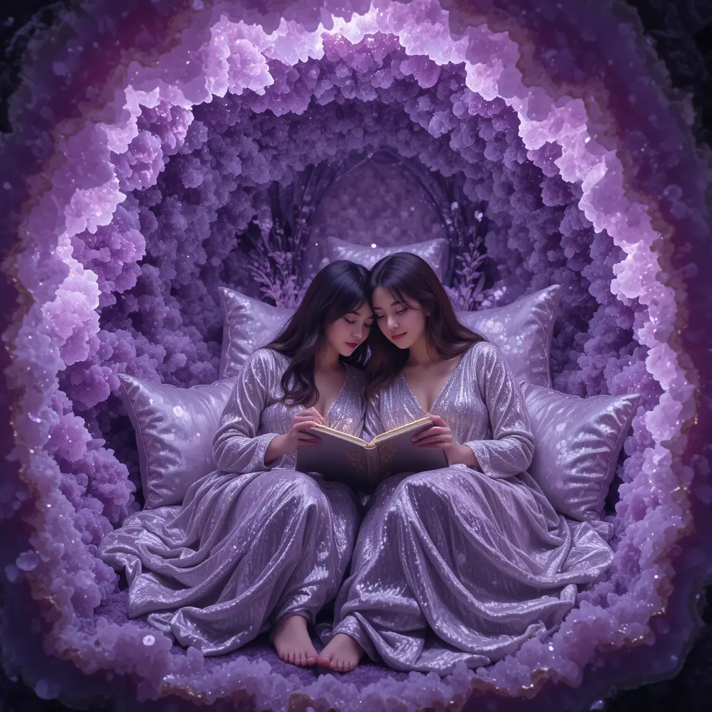 Cozy Couple In Amethyst Geode Reading Nook With Fairy Lights