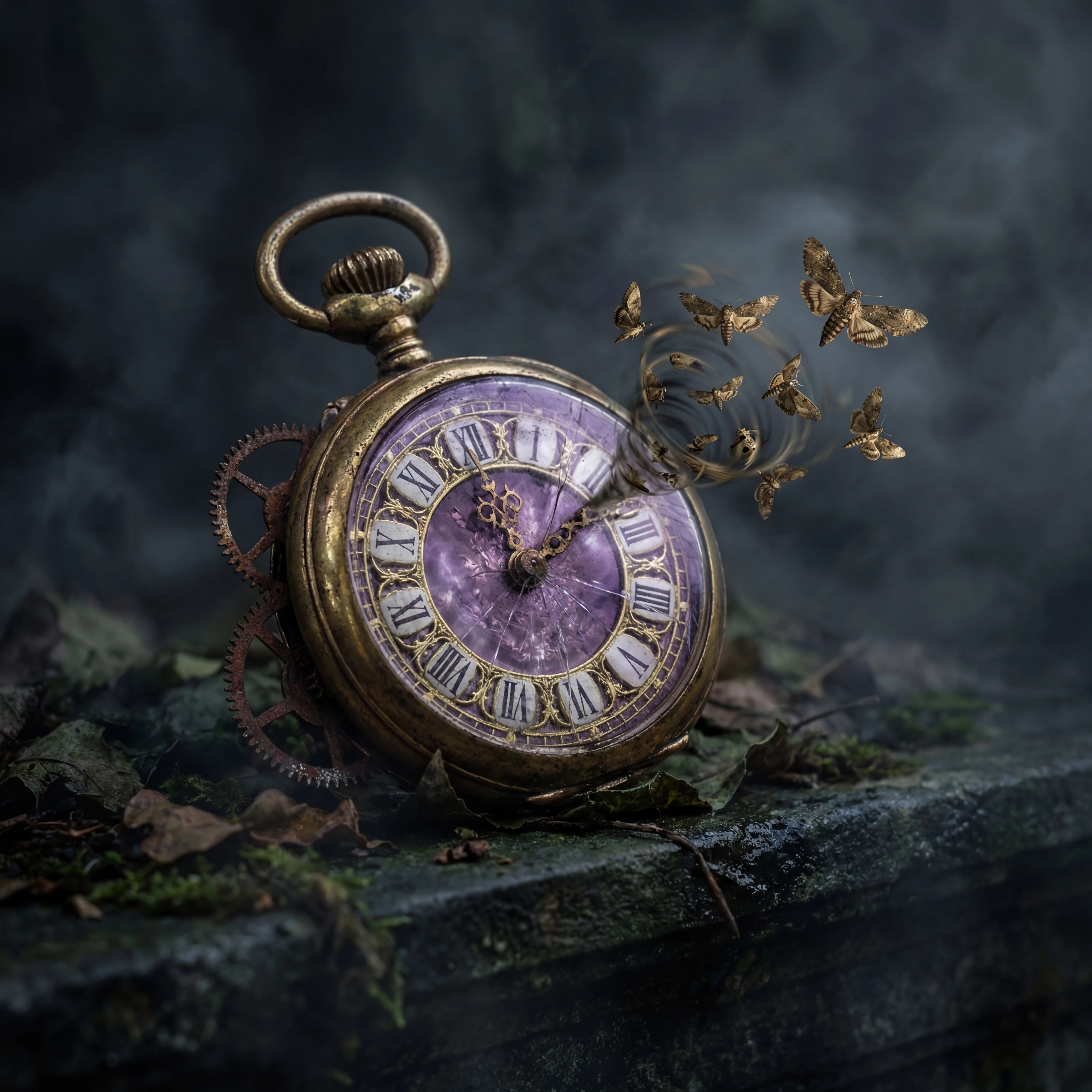 Vergoldete Taschenuhr mit wirbelnden Uhrwerksmotten und Nebel