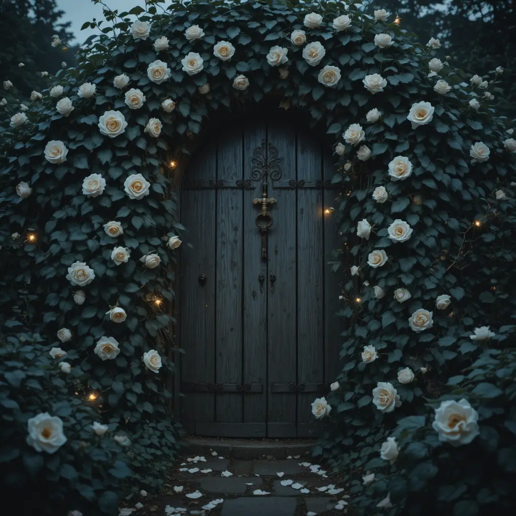 Overgrown Garden Gate With Ivy Roses And Hanging Brass Key