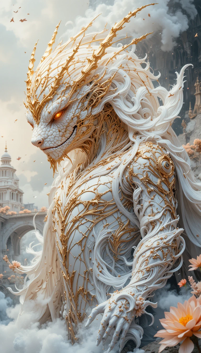 Armored Serpent Spirit Before a White Fantasy Palace
