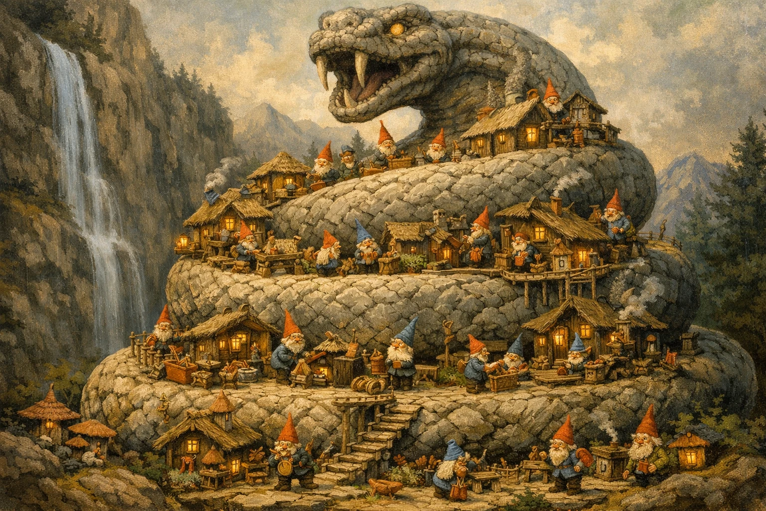 Village de gnomes serpentant à travers un colossal serpent de pierre