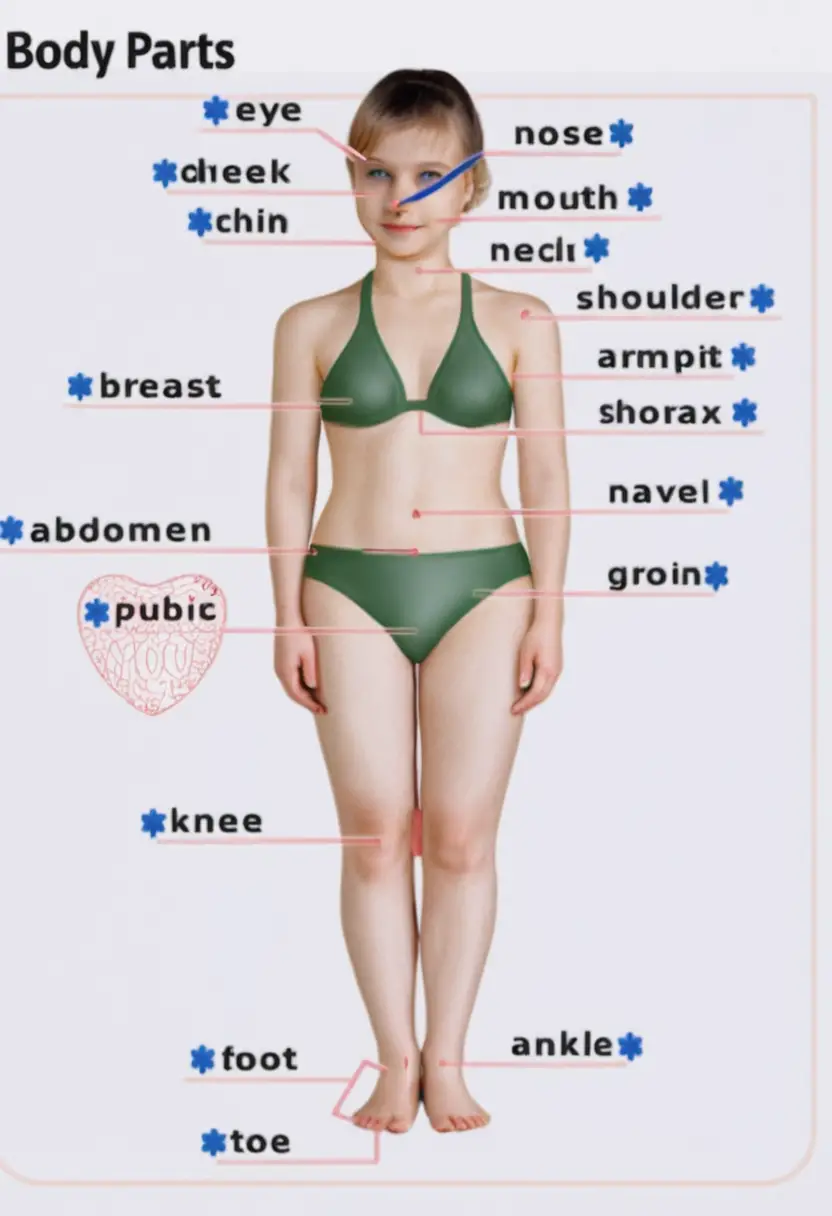 Ilustración educativa de anatomía con partes del cuerpo femenino etiquetadas