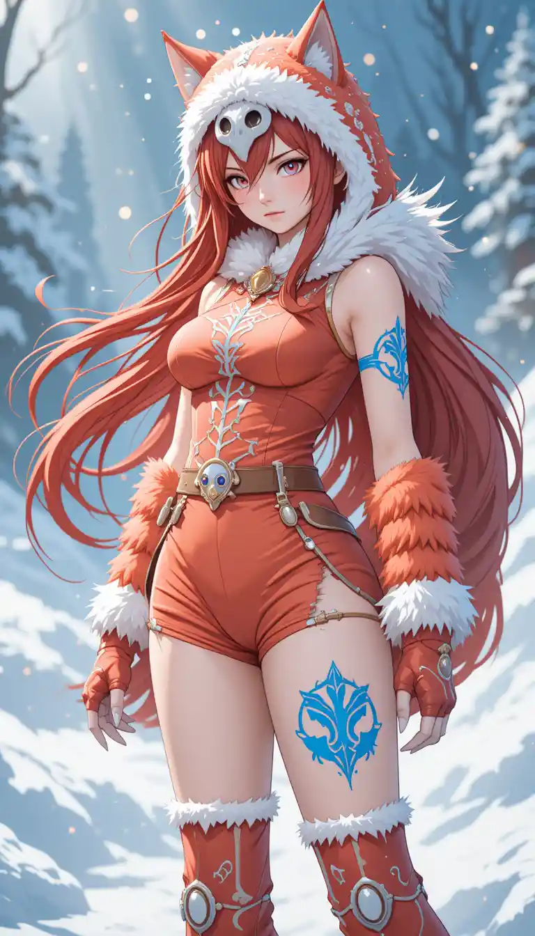 雪景中的深紅髮動漫女戰士