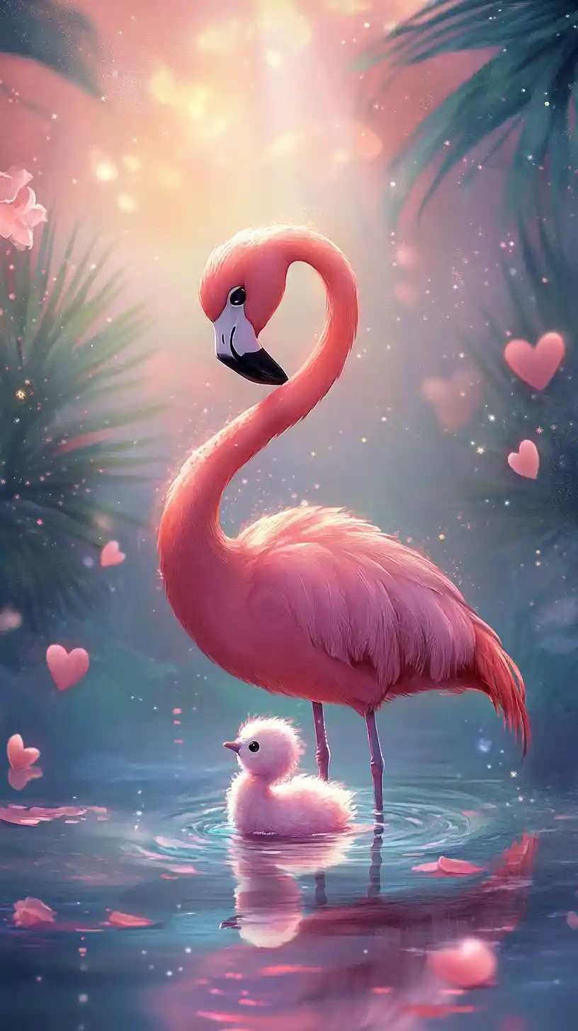Mãe flamingo surreal protegendo seu filhote em tons pastéis que se dissolve