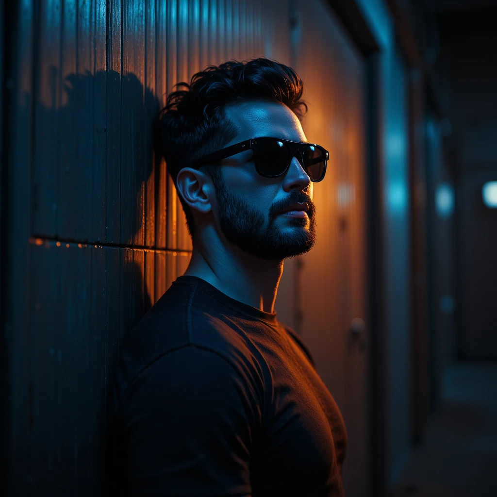 Ritratto cinematografico di un uomo elegante in luce colorata