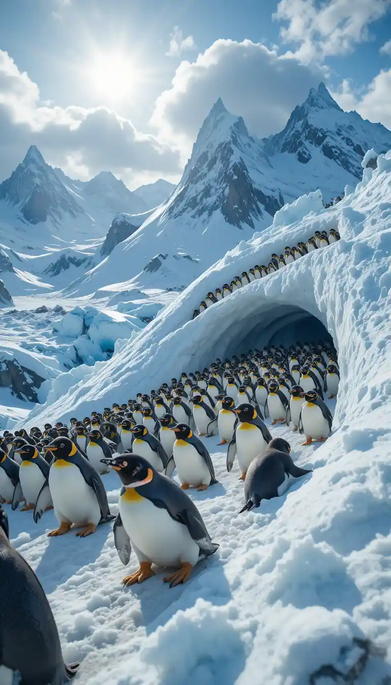 Pingüinos de Adelia deslizándose sobre nieve virgen en un paisaje nevado