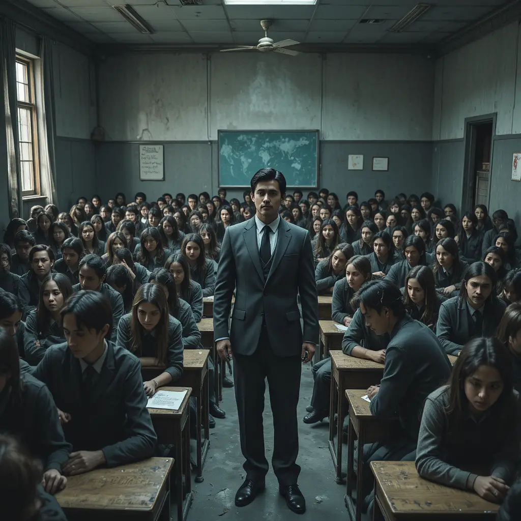 Crowded grey classroom of sad uniformed students and strict teacher