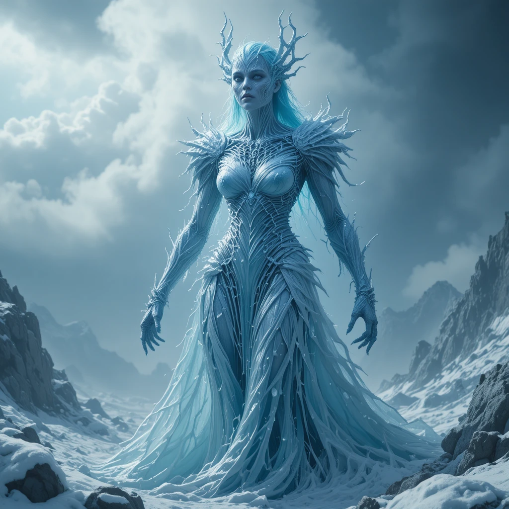 凍てつく幻想の世界に立つ嵐の氷の女王