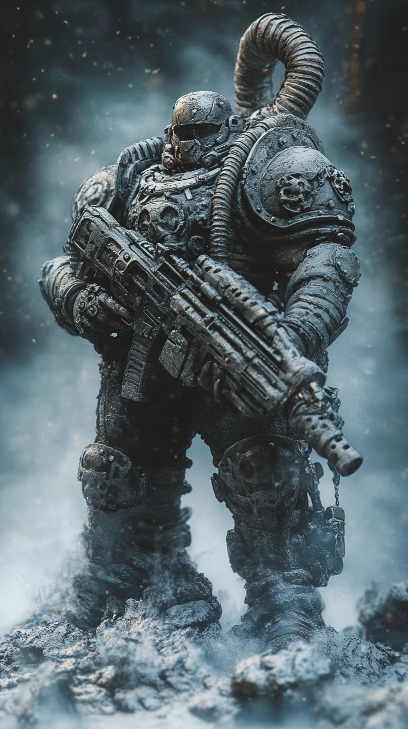 Soldado sci-fi blindado com arma pesada em cena enevoada