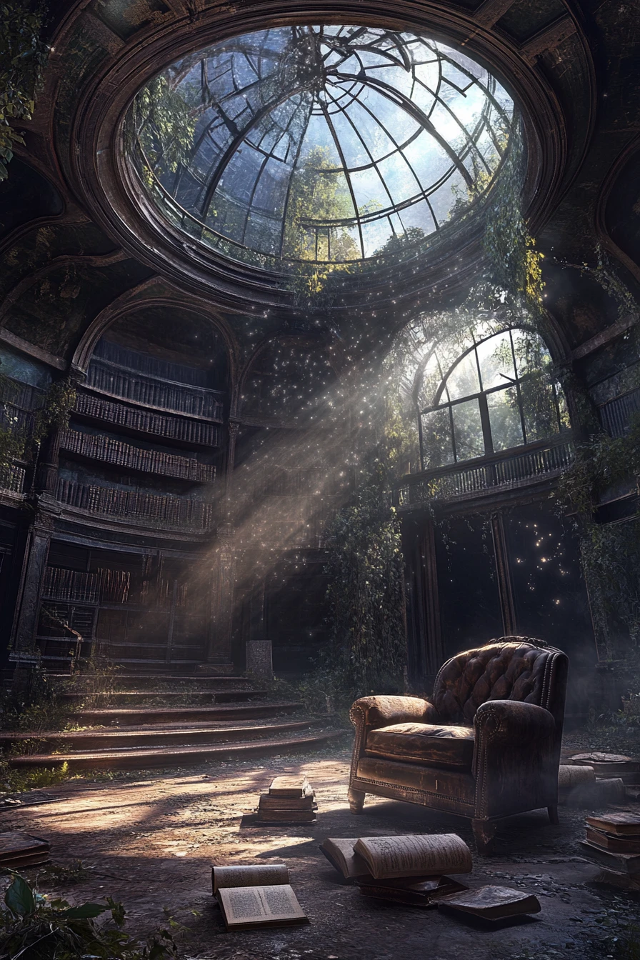 Biblioteca de Observatório Abandonado Cheia de Livros Antigos