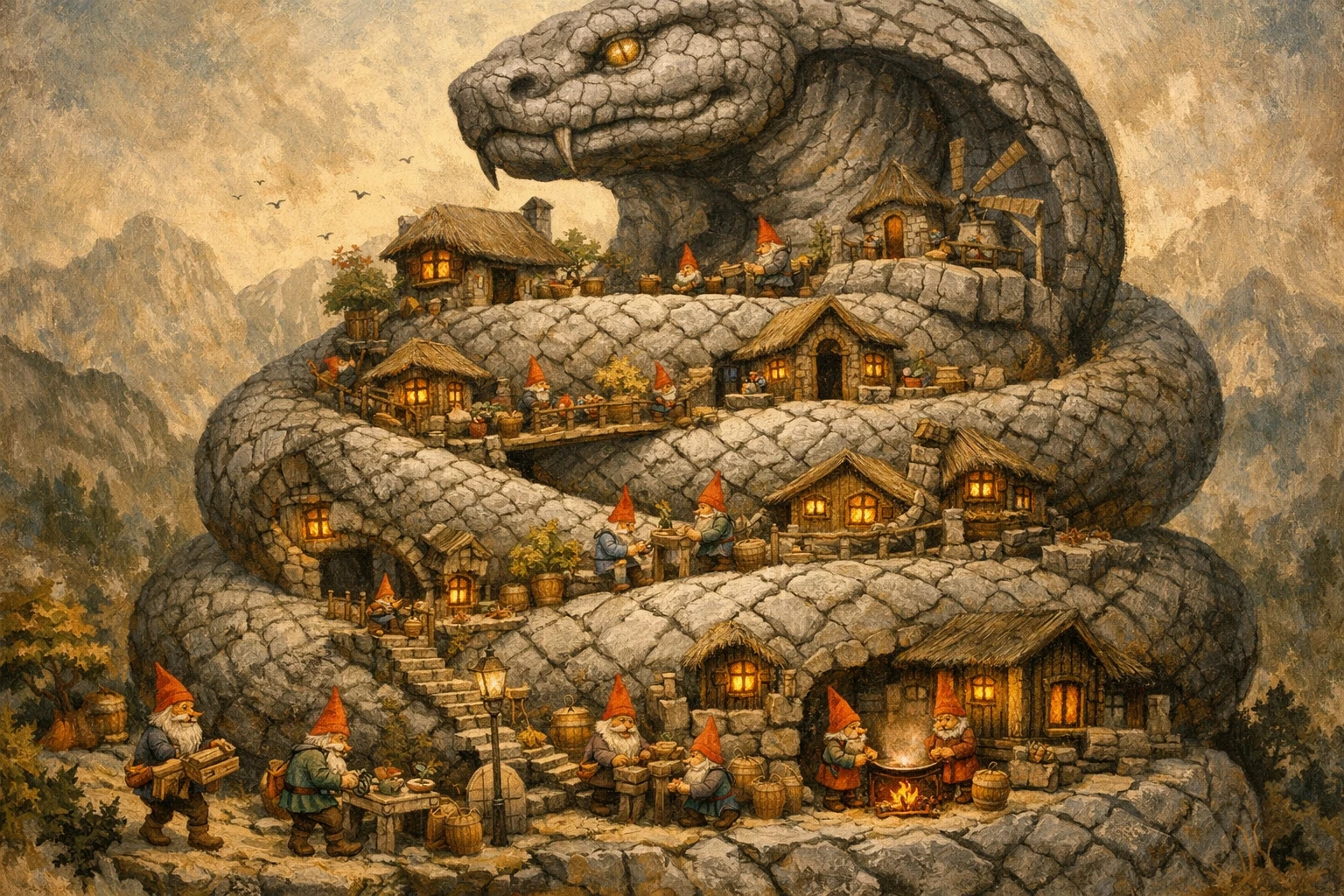 Village de gnomes serpentant à travers un colossal serpent de pierre