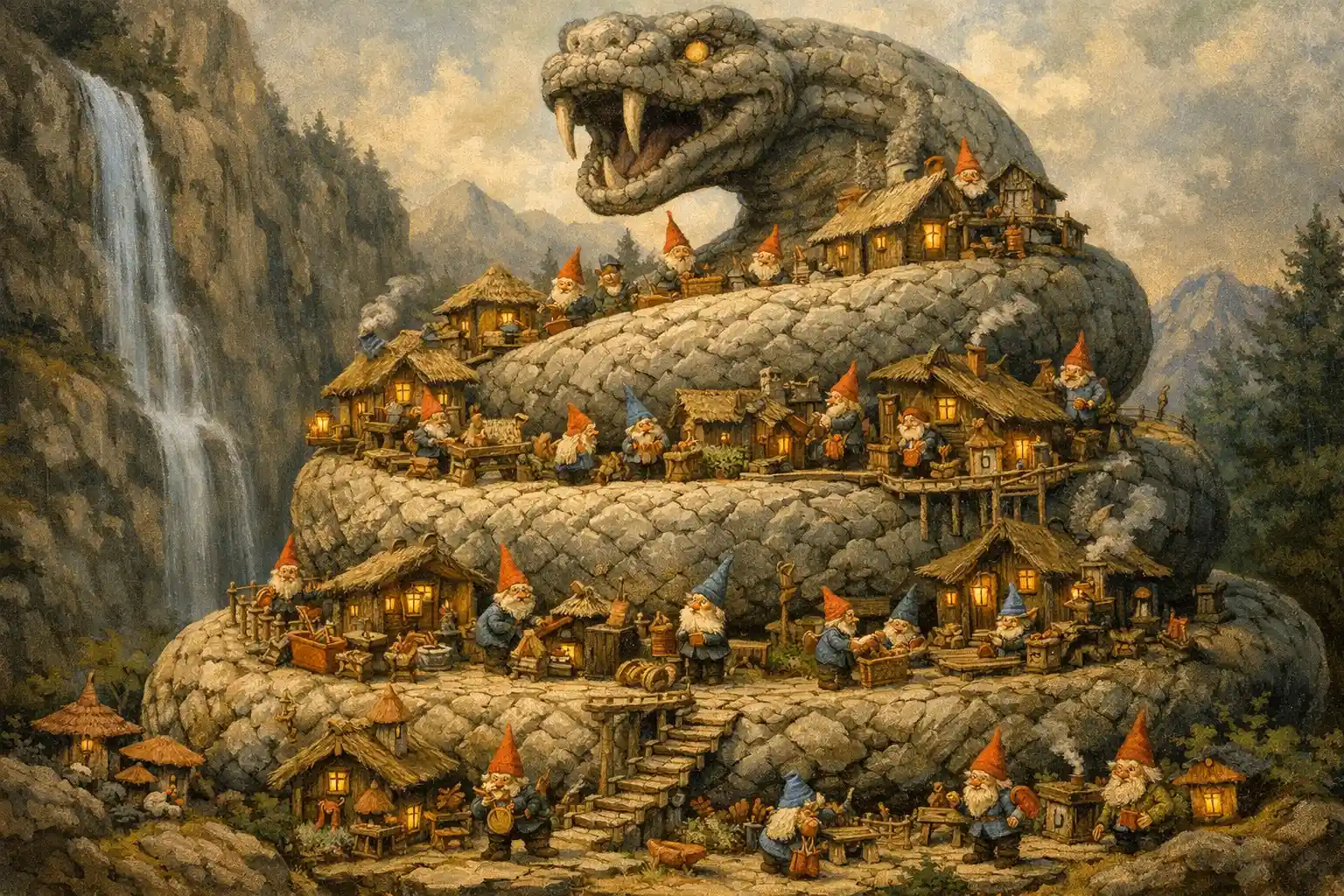 Village de gnomes serpentant à travers un colossal serpent de pierre