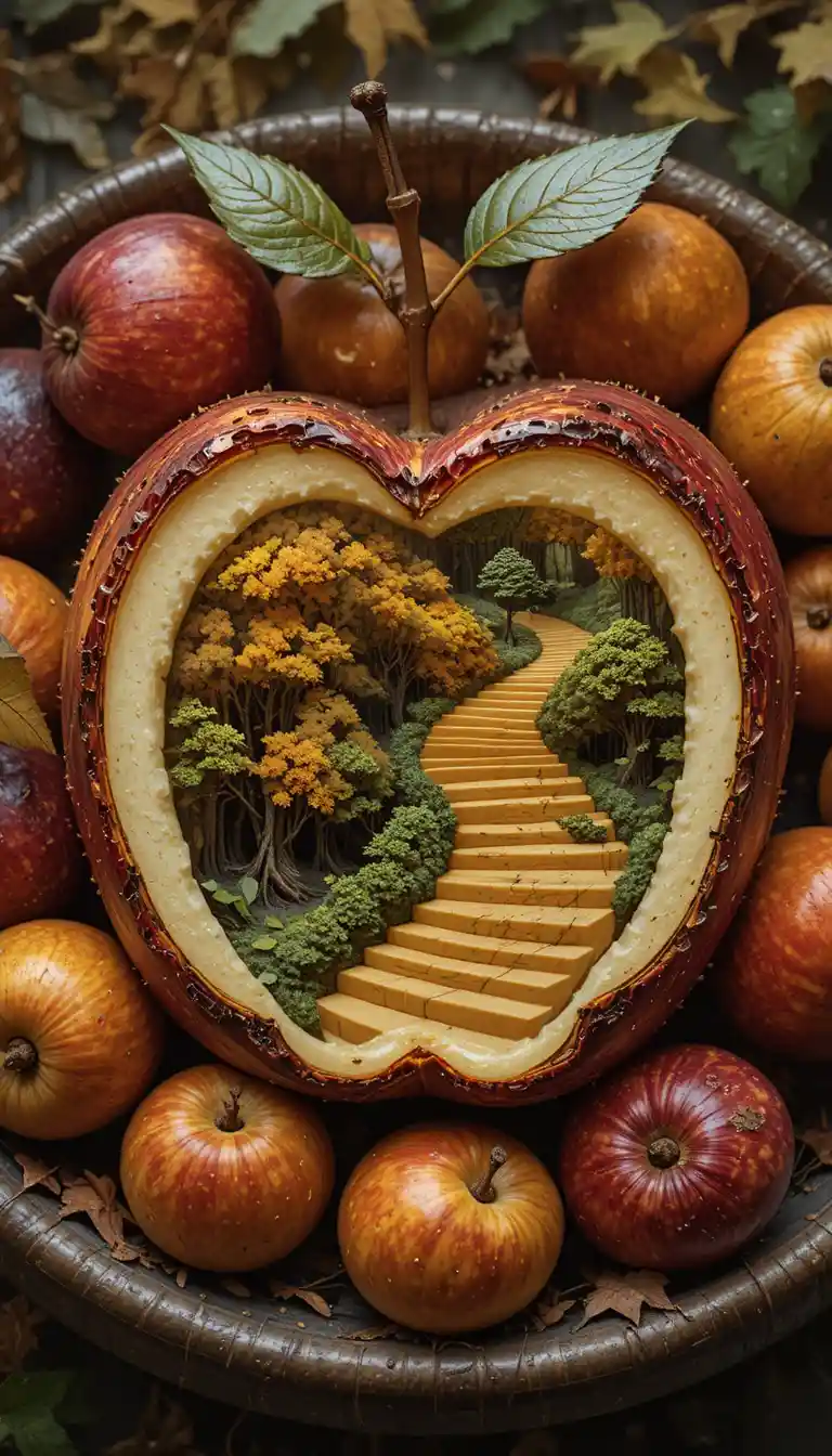 Surreal impossible stairs entwined with an autumn forest