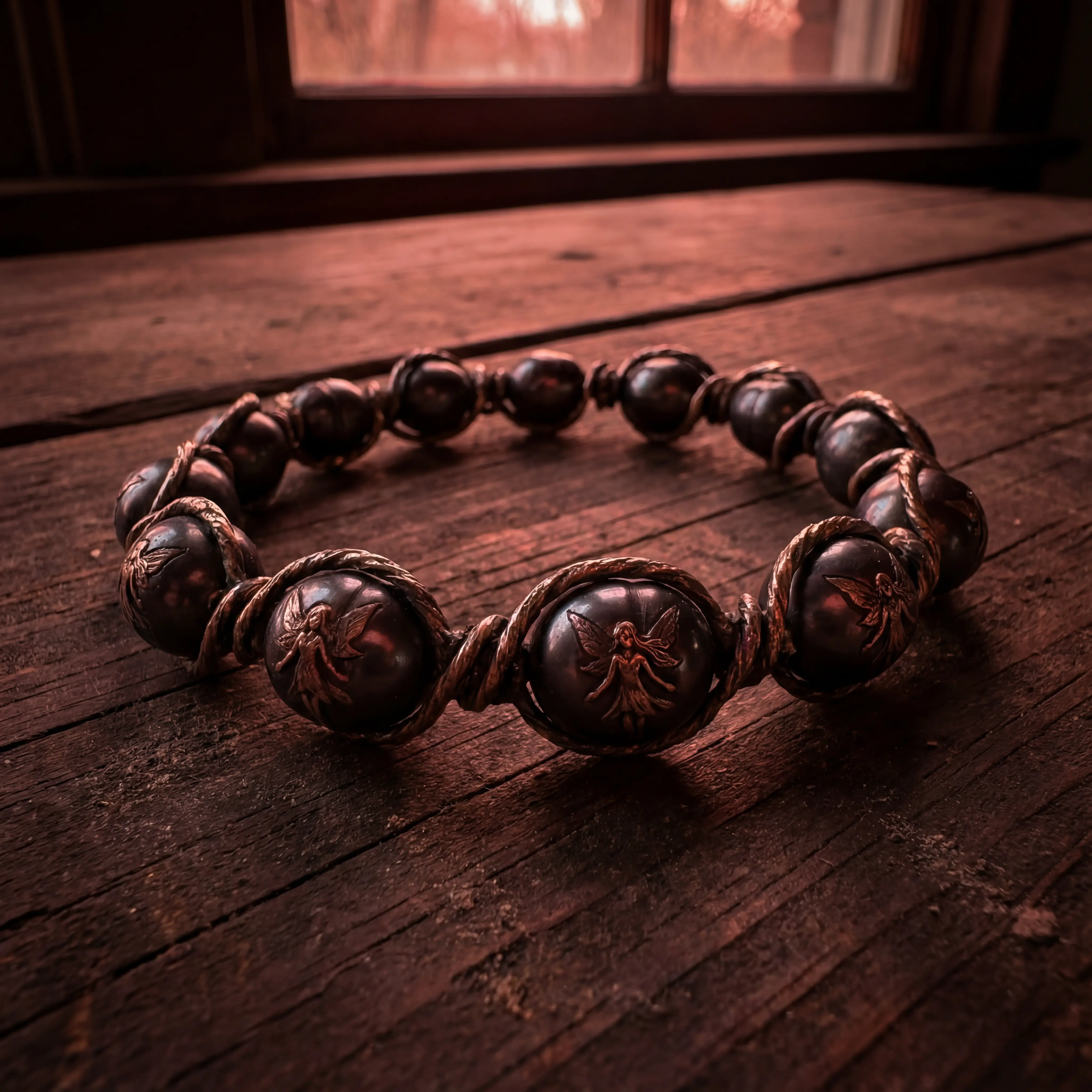 Perlenarmband auf Holz unter einem unheimlichen Blutmond