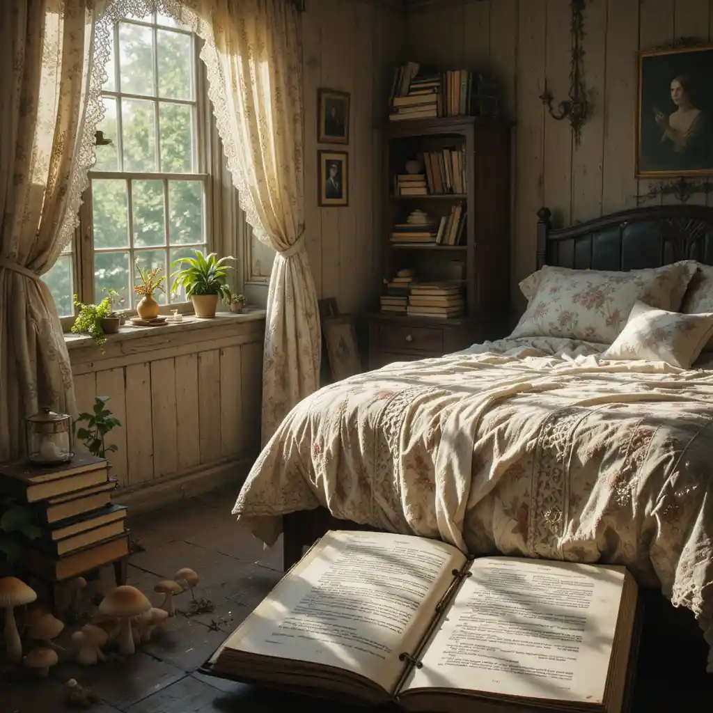Sunny cottage bedroom with floral quilts and old books