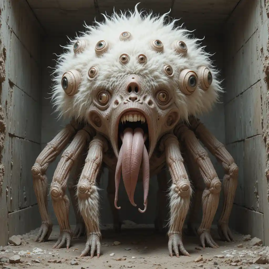 Tall multi eyed monster standing inside a concrete bunker