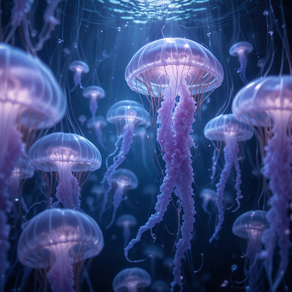 Unterwasserquallen mit Silberglocken und violetten Herz-Tentakeln