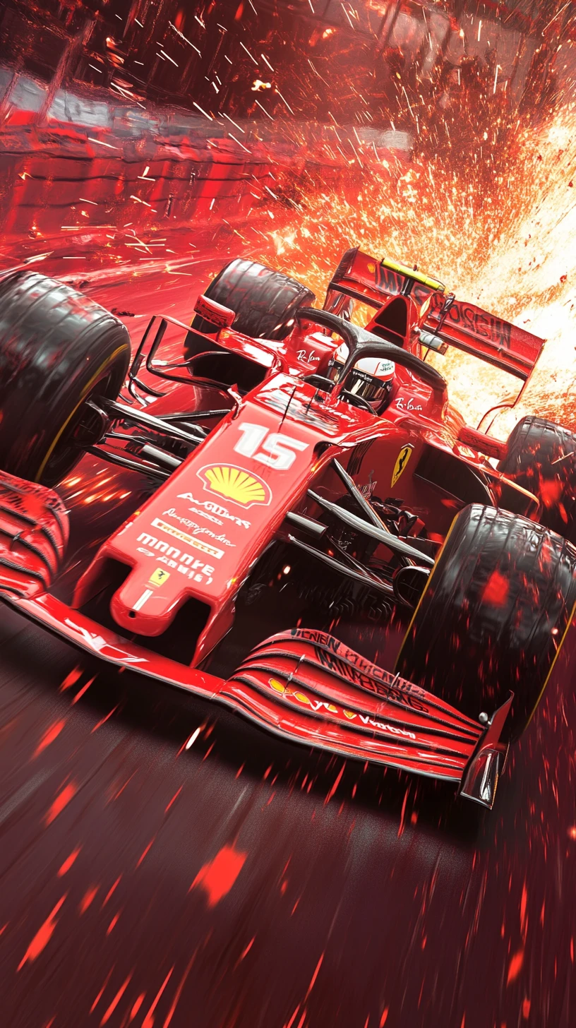 Carro vermelho de Fórmula 1 fazendo uma curva dramática em alta velocidade