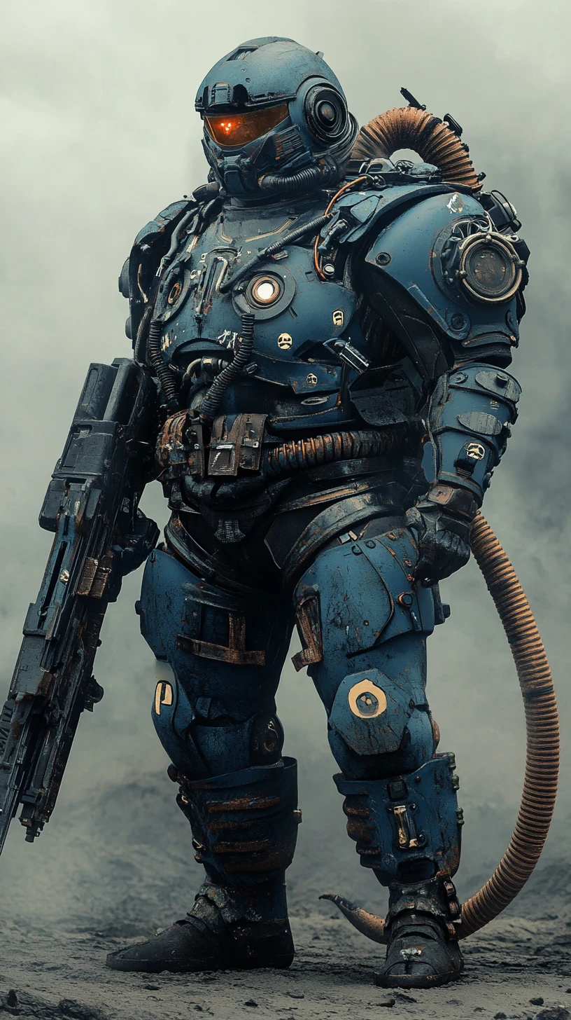 Soldado de guerra blindado em uniforme azul com metralhadora pesada