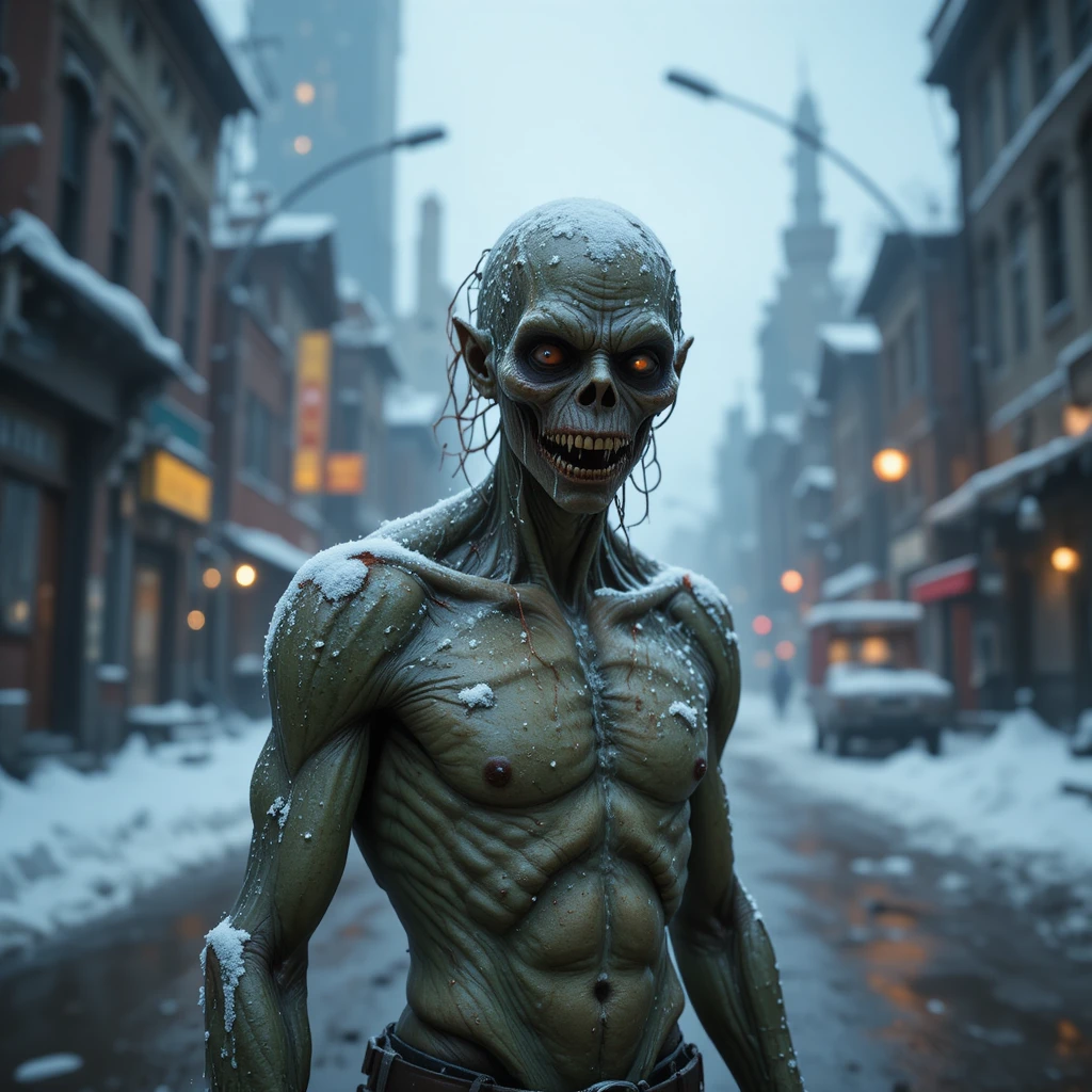Goule sauvage errant dans une rue glacée d'une ville post-apocalyptique