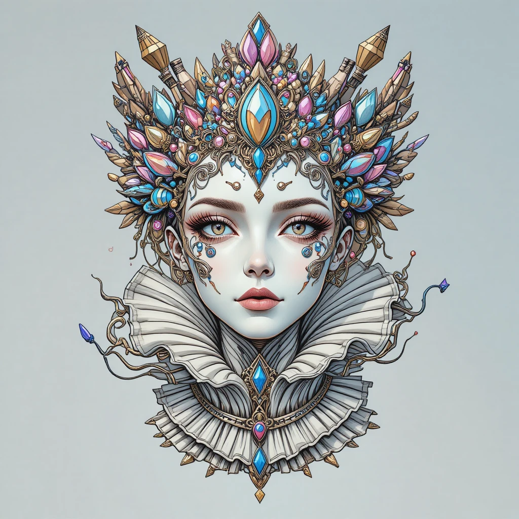 Surreal jeweled mask with ornate crown and ruffled collar
