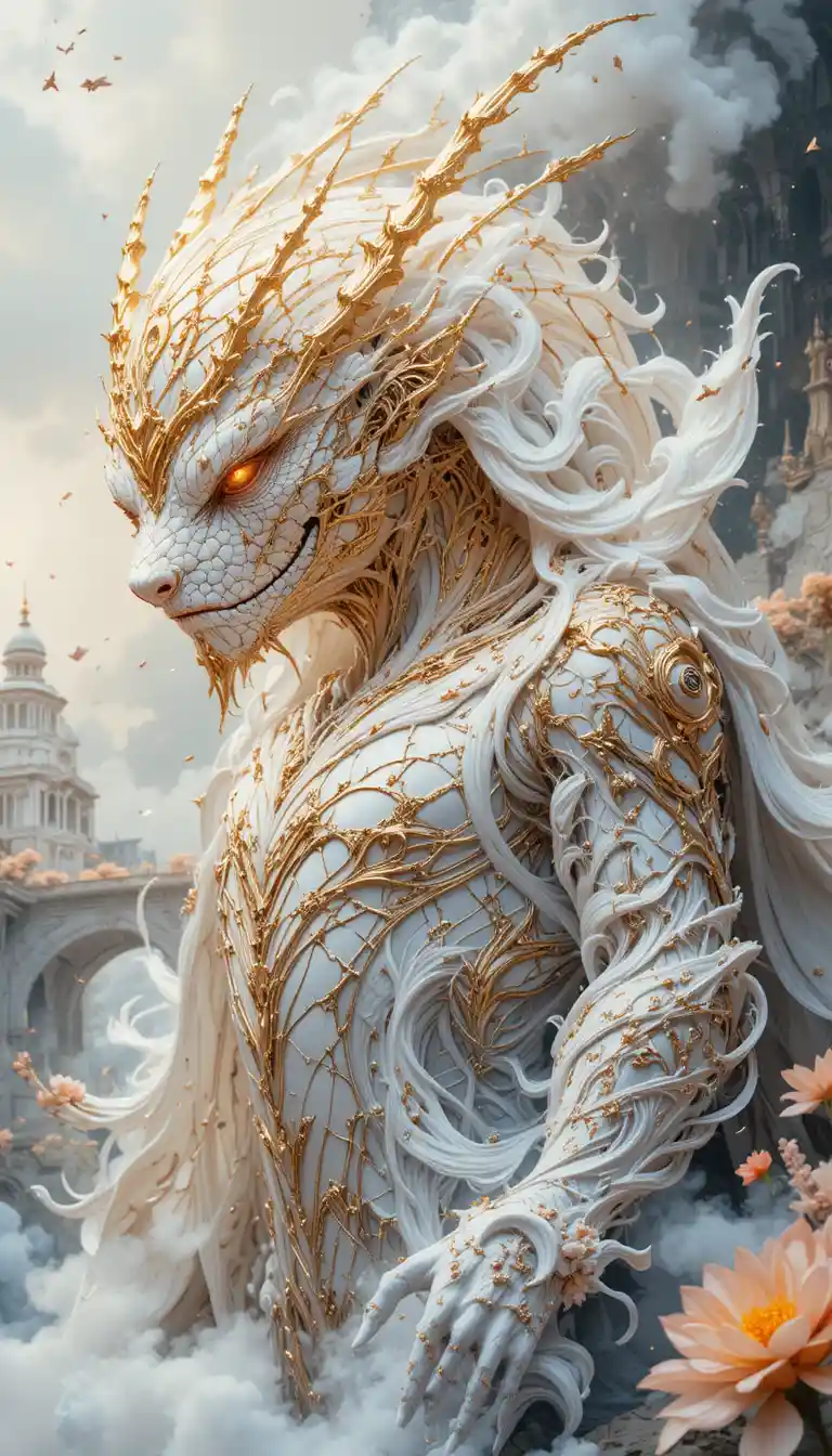 Armored Serpent Spirit Before a White Fantasy Palace