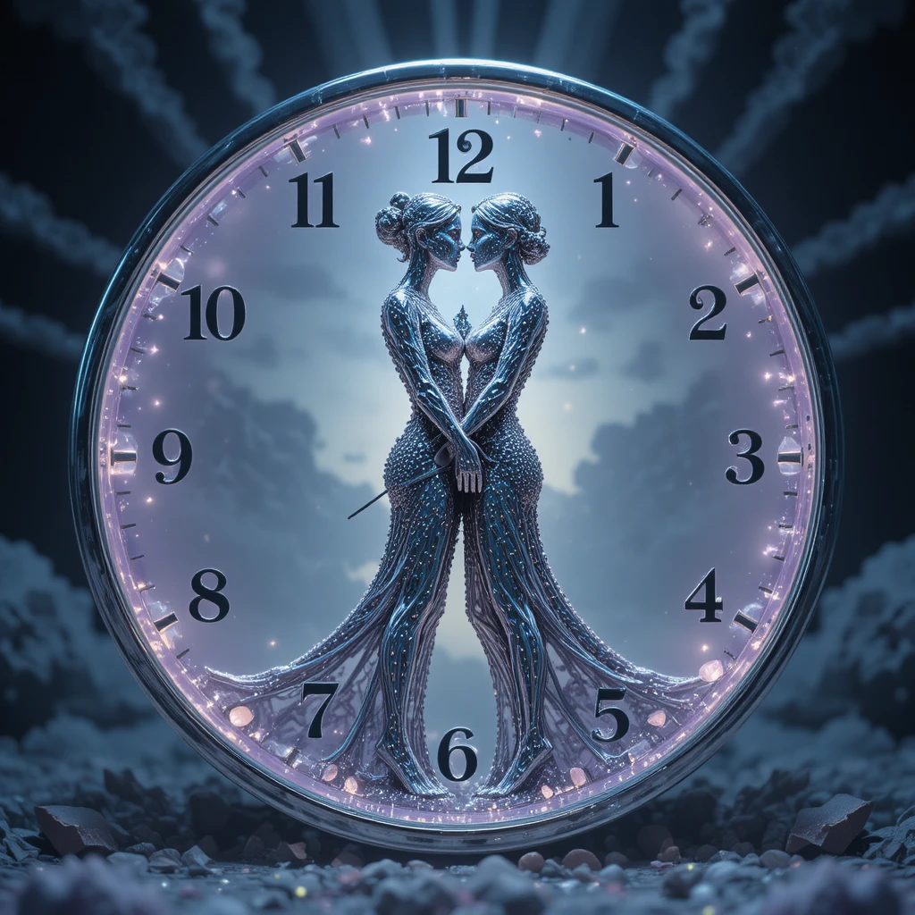 Surreal clock of glowing moons and melting silver figures