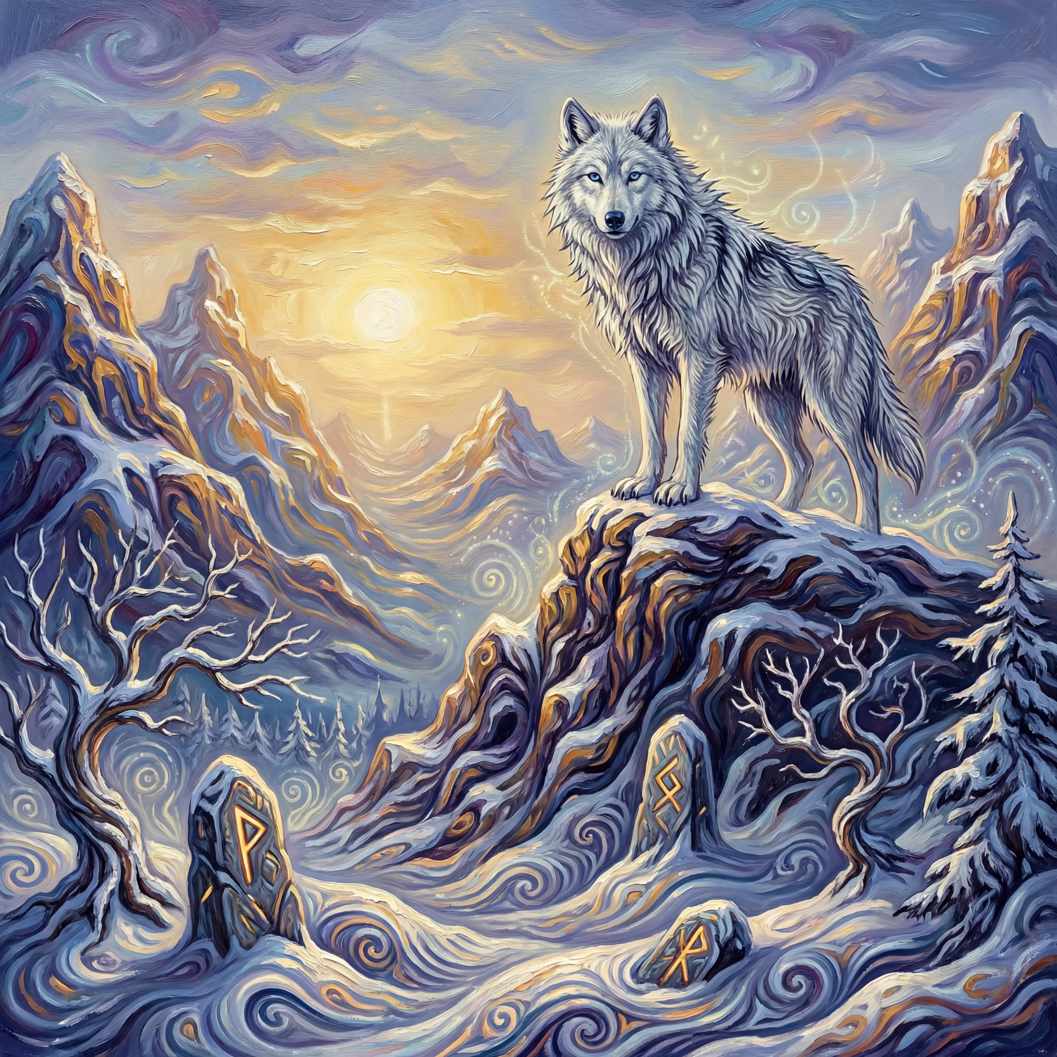 Lobo branco místico nas montanhas de inverno ao pôr do sol dourado