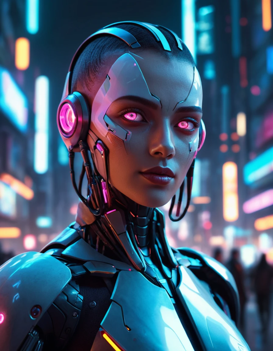 Ciborgue futurista com implantes de néon em cidade cyberpunk
