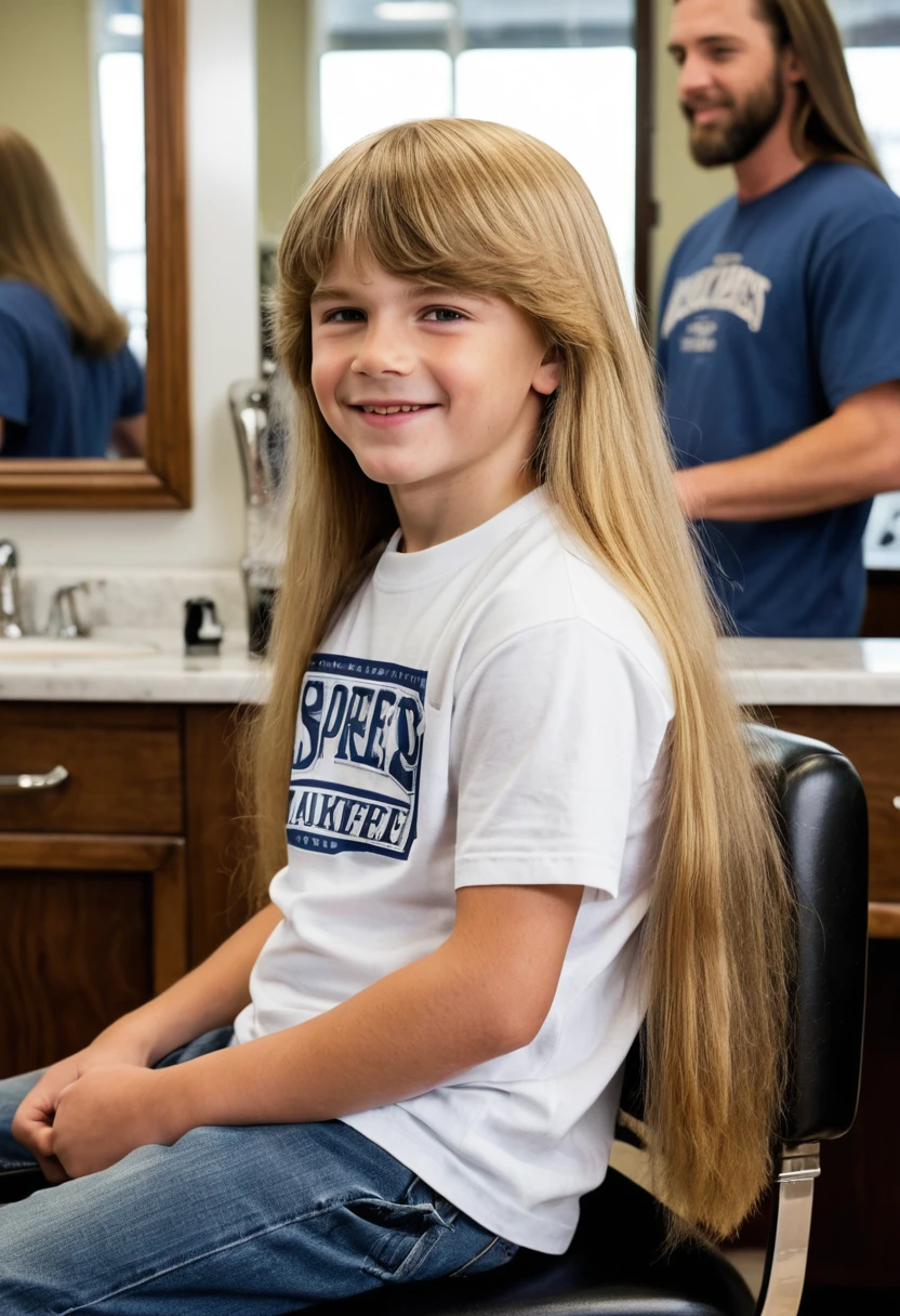 Ragazzo sorridente con mullet estremamente lungo sulla poltrona del barbiere