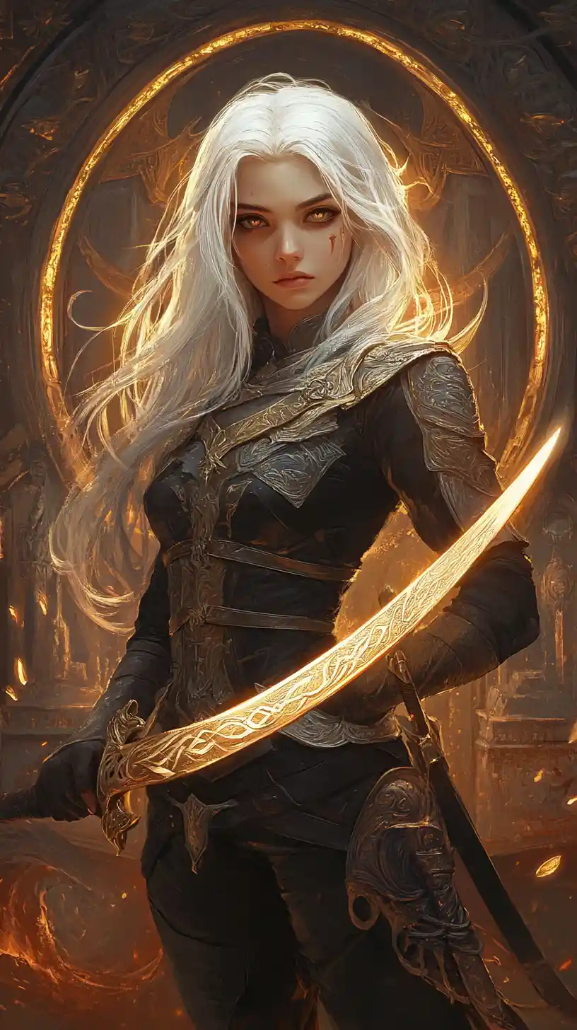 White haired female warrior in ancient rune carved ruins