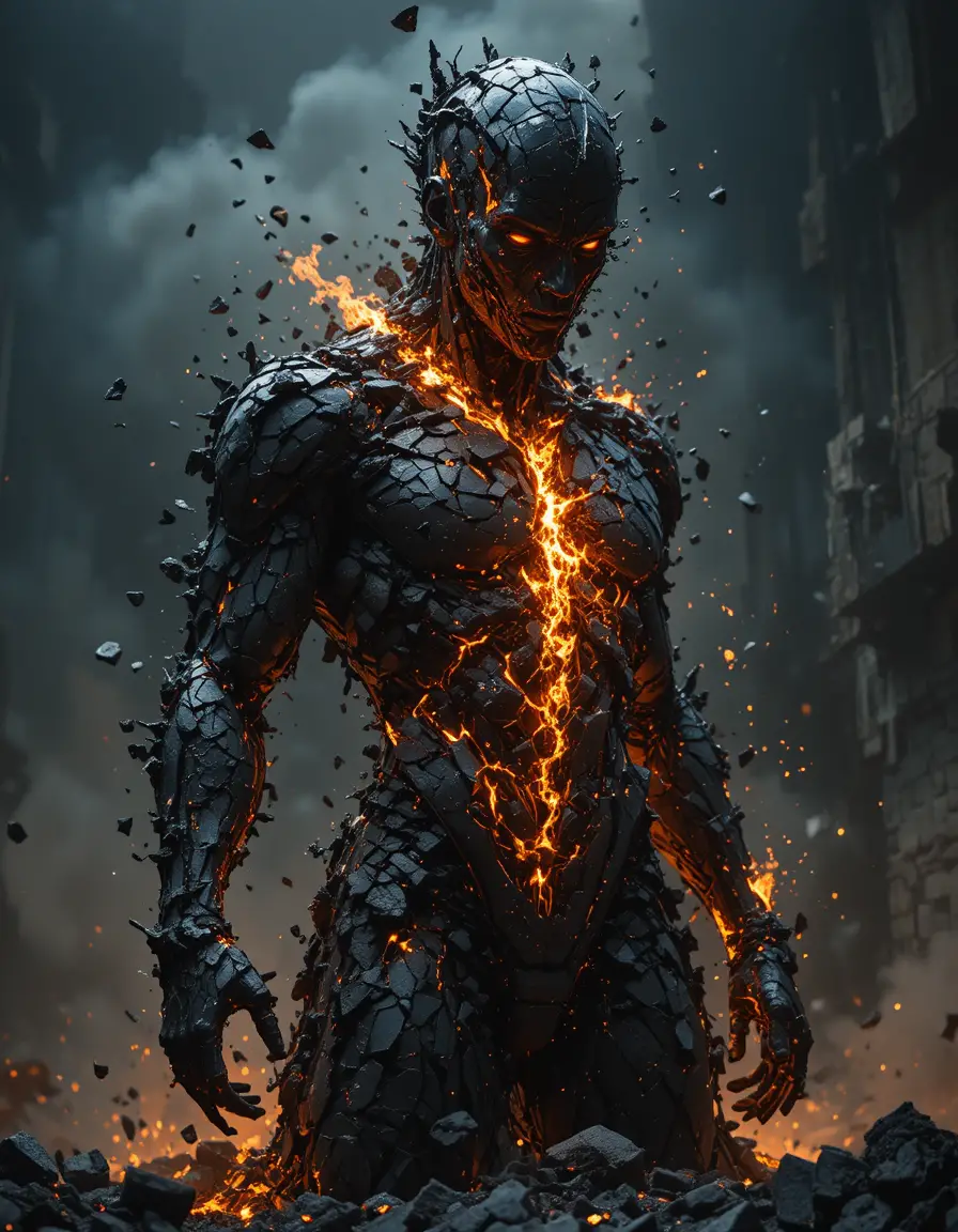 Humanoid Figure Of Crumbling Coal With Glowing Embers
