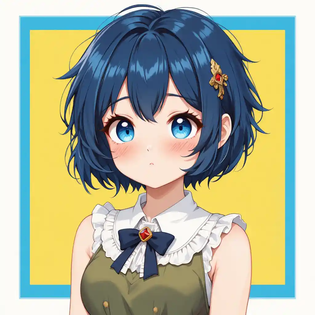 Shy anime girl in olive dress on bright yellow background