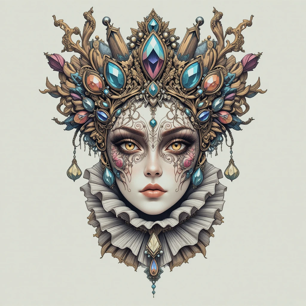 Surreal jeweled mask with ornate crown and ruffled collar