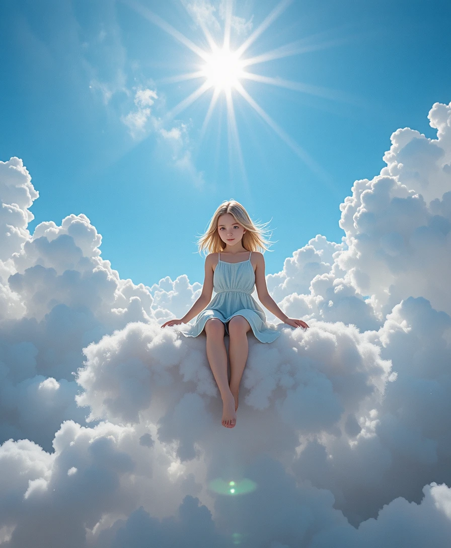 Junges Mädchen sitzt auf einer leuchtenden Wolke am Himmel