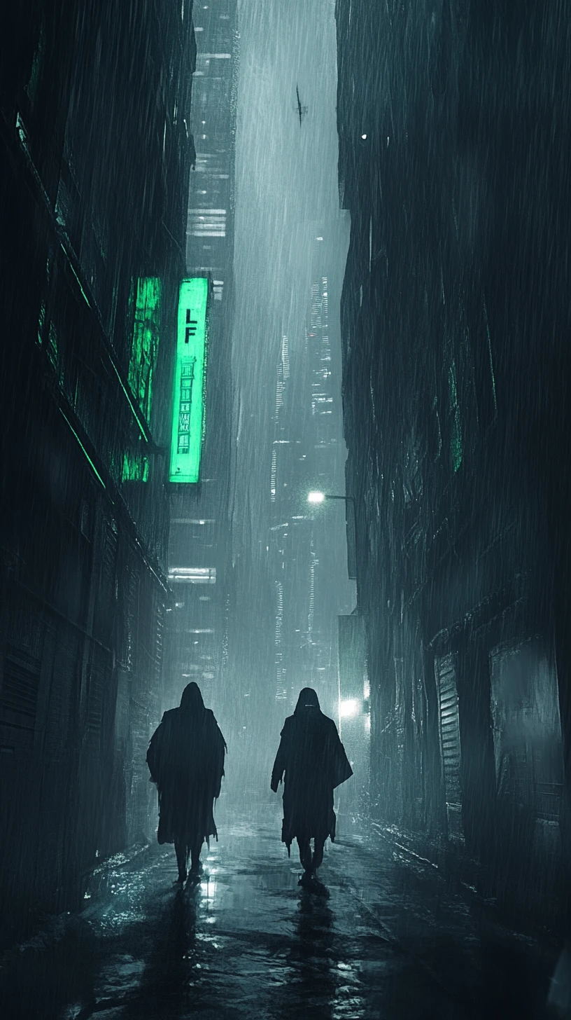 Two figures walking down a rainy alley between skyscrapers