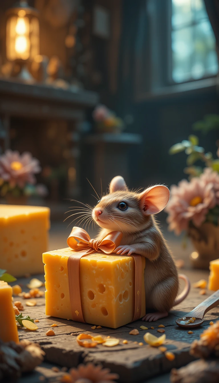 Pequeno rato recebendo um presente de queijo em luz de fantasia acolhedora